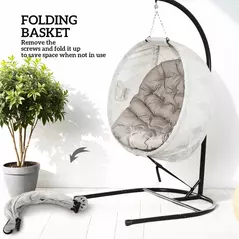Outsunny Hanging Egg Chair Outdoor Indoor Garden Swing Chair with Folding Basket, Garden Hanging Chair with Stand, Thickened Cushion, Cup Holder for Patio, Balcony, Sand Brown - 6