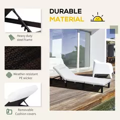 Outsunny Rattan Sun Lounger, 5-Level Adjustable Garden Lounger Recliner with Cushion and Headrest, Outdoor Reclining Sunbed, Steel Frame Garden Chair for Patio, Beach, Terrace, Cream White - 5