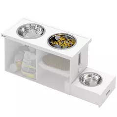 PawHut Raised Dog Bowls w/ Slow Feeder Mat, Storage Cabinet, Three Stainless Steel Bowls, Semi Auto Dispenser Function, White - 1