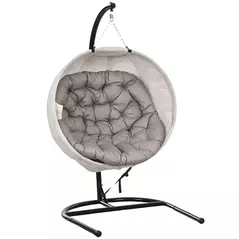 Outsunny Hanging Egg Chair Outdoor Indoor Garden Swing Chair with Folding Basket, Garden Hanging Chair with Stand, Thickened Cushion, Cup Holder for Patio, Balcony, Sand Brown - 1