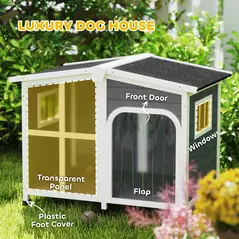 PawHut Wooden Dog Kennel with Removable Floor, Asphalt and Openable Roof, Giant Window for Large Dogs, Charcoal Grey - 8