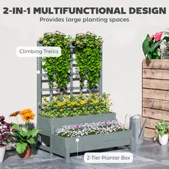 Outsunny 2-Tier Raised Garden Bed with Trellis, Wooden Elevated Planter Box with Drainage Holes, Outdoor Raised Planter for Climbing Plants, Fruits, Vegetables, Flowers, Grey - 4