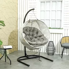 Outsunny Hanging Egg Chair Outdoor Indoor Garden Swing Chair with Folding Basket, Garden Hanging Chair with Stand, Thickened Cushion, Cup Holder for Patio, Balcony, Sand Brown - 2