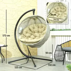 Outsunny Hanging Egg Chair Outdoor Indoor Garden Swing Chair with Folding Basket, Thickened Cushion, Cup Holder for Patio, Balcony, Khaki - 3