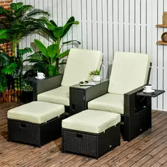 Outsunny 5PC PE Rattan Sun Lounger, Outdoor Wicker 5-level Adjustable Recliner Sofa Bed with Storage Side Table and Footstools, for Patio, Garden, Poolside, Black - 2