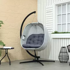 Outsunny Hanging Egg Chair Outdoor Indoor Garden Swing Chair with Folding Basket, Garden Hanging Chair with Stand, Thickened Cushion, Cup Holder for Patio, Balcony, Grey - 2