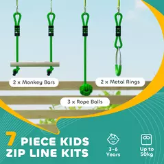 AIYAPLAY 7-Piece Kids Zip Line Kit for Garden, 10m Kids Slackline Kit with Wooden Monkey Bars, Metal Rings, Gripping Balls, Green - 4