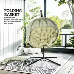 Outsunny Hanging Egg Chair Outdoor Indoor Garden Swing Chair with Folding Basket, Thickened Cushion, Cup Holder for Patio, Balcony, Khaki - 6