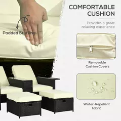 Outsunny 5PC PE Rattan Sun Lounger, Outdoor Wicker 5-level Adjustable Recliner Sofa Bed with Storage Side Table and Footstools, for Patio, Garden, Poolside, Black - 5