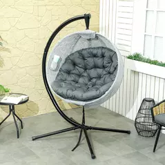 Outsunny Hanging Egg Chair Outdoor Indoor Garden Swing Chair with Folding Basket, Thickened Cushion, Cup Holder for Patio, Balcony, Grey - 2