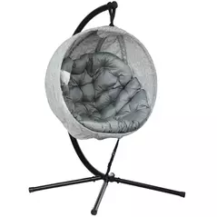 Outsunny Hanging Egg Chair Outdoor Indoor Garden Swing Chair with Folding Basket, Thickened Cushion, Cup Holder for Patio, Balcony, Grey - 1