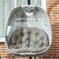 Outsunny Hanging Egg Chair Outdoor Indoor Garden Swing Chair with Folding Basket, Garden Hanging Chair with Stand, Thickened Cushion, Cup Holder for Patio, Balcony, Sand Brown - 4