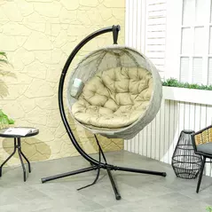 Outsunny Hanging Egg Chair Outdoor Indoor Garden Swing Chair with Folding Basket, Thickened Cushion, Cup Holder for Patio, Balcony, Khaki - 2