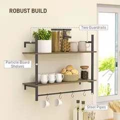 HOMCOM Wall Mounted Floating Shelves with 4 Hooks, Rustic Wall Shelf Unit for Living Room, Entryway, Grey - 5