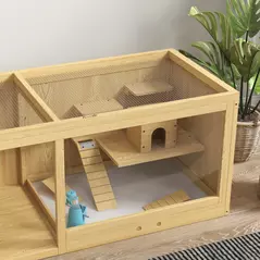 PawHut Wooden Hamster Cage with Water Bottle, Platforms, Openable Roof, Sliding Tray, Hut, Seesaws, Natural Wood Finish - 9