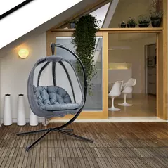 Outsunny Hanging Egg Chair, Folding Texteline Swing Hammock with Side Pocket, Cushion and Stand for Indoor Outdoor, Patio Garden Furniture, Grey - 2