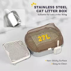 PawHut Stainless Steel Litter Box with Lid, High Wall Sided Enclosure, Pedal, Scoop, Non-Sticky, Anti-Leakage, Easy Cleaning - 5