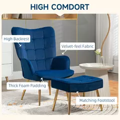 HOMCOM Modern Armchair with Footstool, Upholstered Accent Chair with Ottoman, Steel Legs, Velvet Wingback Chair for Living Room, Bedroom, Home Study, Dark Blue - 4