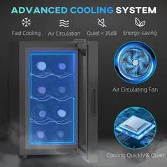 HOMCOM Mini Table Top Wine Fridge, 8 Bottle, 17L, 8-18℃, 26.5cm Quiet Under Counter Wine Cooler Fridge with Glass Door, LED Light, Digital Touch Screen, Temperature Control - 4