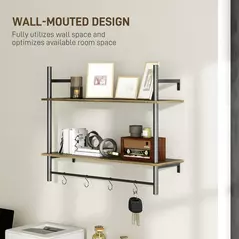 HOMCOM Wall Mounted Floating Shelves with 4 Hooks, Rustic Wall Shelf Unit for Living Room, Entryway, Grey - 6