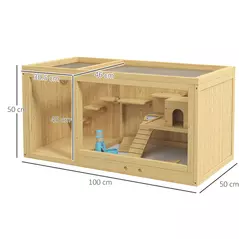 PawHut Wooden Hamster Cage with Water Bottle, Platforms, Openable Roof, Sliding Tray, Hut, Seesaws, Natural Wood Finish - 3