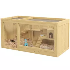 PawHut Wooden Hamster Cage with Water Bottle, Platforms, Openable Roof, Sliding Tray, Hut, Seesaws, Natural Wood Finish - 1
