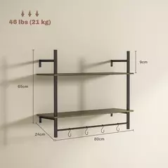 HOMCOM Wall Mounted Floating Shelves with 4 Hooks, Rustic Wall Shelf Unit for Living Room, Entryway, Grey - 3