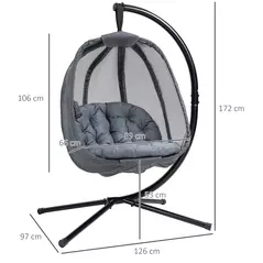 Outsunny Hanging Egg Chair, Folding Texteline Swing Hammock with Side Pocket, Cushion and Stand for Indoor Outdoor, Patio Garden Furniture, Grey - 3
