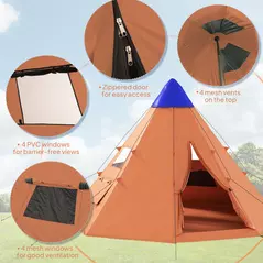 Outsunny 6 Men Tipi Tent with Carry Bag - Orange - 5