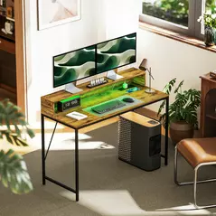 HOMCOM 120cm Computer Desk with LED Lights and Power Outlets, Gaming Desk with Monitor Stand, Computer Table with Remote for Home Office Study, Rustic Brown - 2