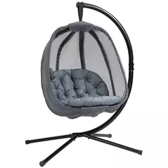 Outsunny Hanging Egg Chair, Folding Texteline Swing Hammock with Side Pocket, Cushion and Stand for Indoor Outdoor, Patio Garden Furniture, Grey - 1