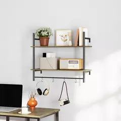 HOMCOM Wall Mounted Floating Shelves with 4 Hooks, Rustic Wall Shelf Unit for Living Room, Entryway, Grey - 7