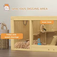 PawHut Wooden Hamster Cage with Water Bottle, Platforms, Openable Roof, Sliding Tray, Hut, Seesaws, Natural Wood Finish - 6