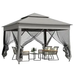 Outsunny 3 x 3(m) Pop Up Gazebo, Double-roof Garden Tent with Netting and Carry Bag, Party Event Shelter for Outdoor Patio, Dark Grey - 1