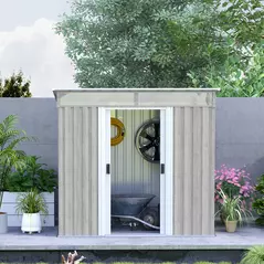 Outsunny 6.5 x 4FT Galvanised Metal Shed with Foundation Kit, Lockable Tool Garden Shed with Double Sliding Doors, Vents, Light Grey Wood Effect - 9