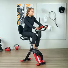 SPORTNOW Five-in-one Foldable Exercise Bike, Stationary Bike with Arm Workout Bands, LDC Monitor, Phone Holder, Red - 2