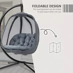 Outsunny Hanging Egg Chair, Folding Texteline Swing Hammock with Side Pocket, Cushion and Stand for Indoor Outdoor, Patio Garden Furniture, Grey - 5