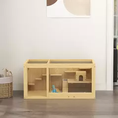 PawHut Wooden Hamster Cage with Water Bottle, Platforms, Openable Roof, Sliding Tray, Hut, Seesaws, Natural Wood Finish - 8