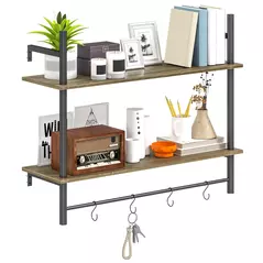 HOMCOM Wall Mounted Floating Shelves with 4 Hooks, Rustic Wall Shelf Unit for Living Room, Entryway, Grey - 1