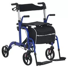 HOMCOM 2 in 1 Wheelchair Transport Chair & Folding Rollator Walker with Seat, Backrest, Footrest, Lightweight Walking Frame with Bag, Adjustable Height, 4 Wheeled Walker for Seniors, Pearl Blue - 1