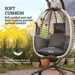 Outsunny Outdoor Swing Chair with Thick Padded Cushion, Patio Hanging Egg Chair with Metal Stand, Foldable Basket, Cup Holder, Rope Structure for Indoor & Outdoor, Dark Grey - 6