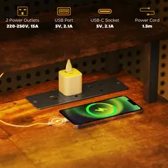 HOMCOM LED Computer Desk, with Power Outlets and Shelves - Rustic Brown - 4