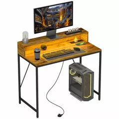 HOMCOM 100cm Computer Desk with LED Lights and Power Outlets, Gaming Desk with Monitor Stand, Computer Table with Remote for Home Office Study, Rustic Brown - 1