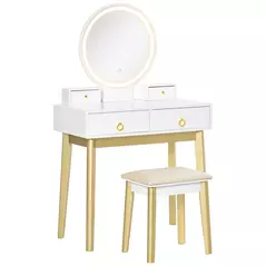 HOMCOM Dressing Table Set with Mirror, Built-in 3 Color LED Light, Vanity Makeup Table with 4 Drawers and Cushioned Stool for Bedroom, White - 1