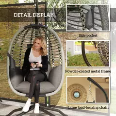 Outsunny Outdoor Swing Chair with Thick Padded Cushion, Patio Hanging Egg Chair with Metal Stand, Foldable Basket, Cup Holder, Rope Structure for Indoor & Outdoor, Dark Grey - 7