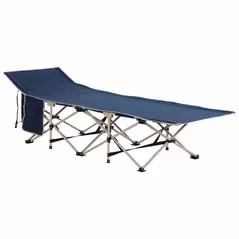 Outsunny Single Person Camping Bed Folding Cot Outdoor Patio Portable Military Sleeping Bed Travel Guest Leisure Fishing with Side Pocket and Carry Bag - Blue - 1