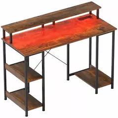 HOMCOM LED Computer Desk, with Power Outlets and Shelves - Rustic Brown - 1