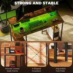 HOMCOM LED Computer Desk, with Power Outlets and Shelves - Rustic Brown - 9