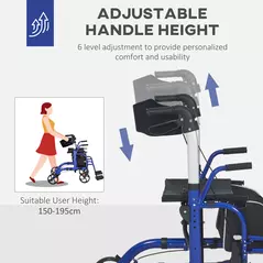 HOMCOM 2 in 1 Wheelchair Transport Chair & Folding Rollator Walker with Seat, Backrest, Footrest, Lightweight Walking Frame with Bag, Adjustable Height, 4 Wheeled Walker for Seniors, Pearl Blue - 5