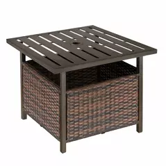 Outsunny Rattan Garden Coffee Table, 55.5 cm Square Wicker Patio Side Coffee Table with 4 cm Umbrella Hole, Metal Bottom and Slatted Top for Outdoor, Balcony, Brown - 1